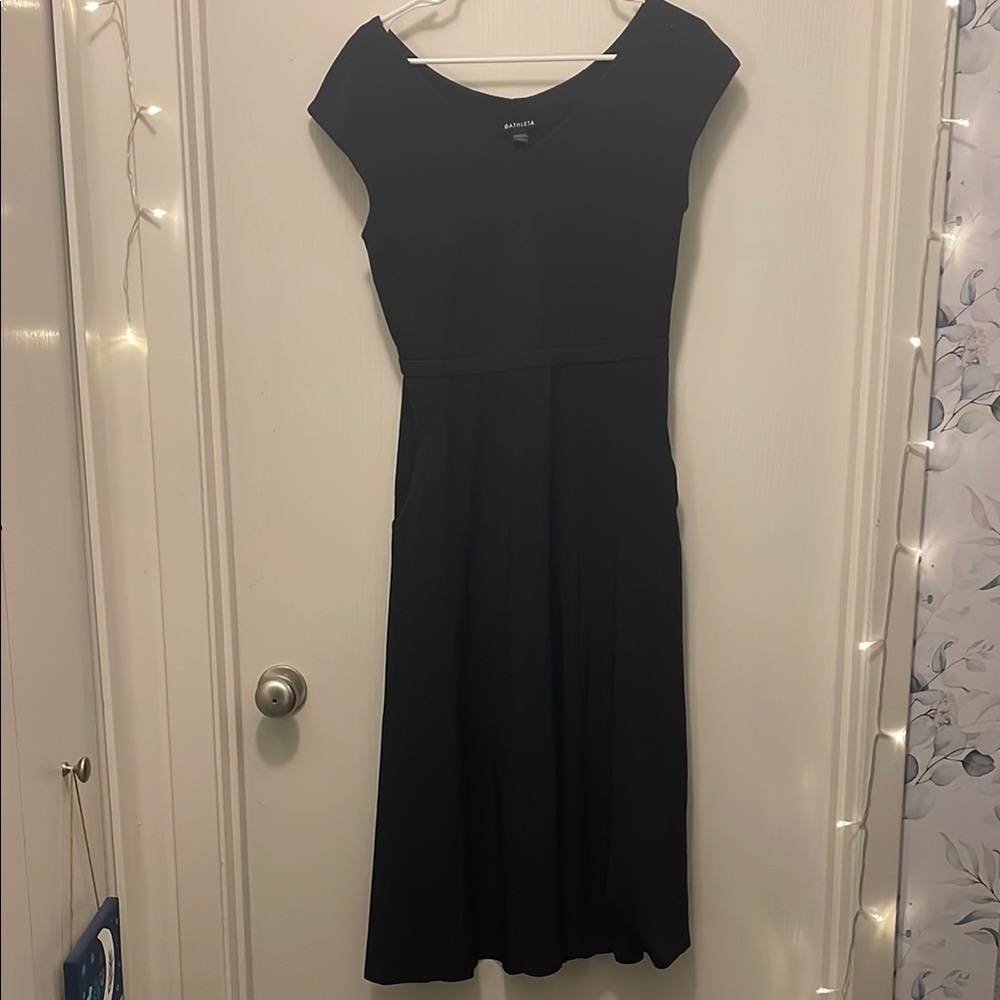 Athleta Black A-Line Midi Dress with Cap Sleeves and Cut Out Back